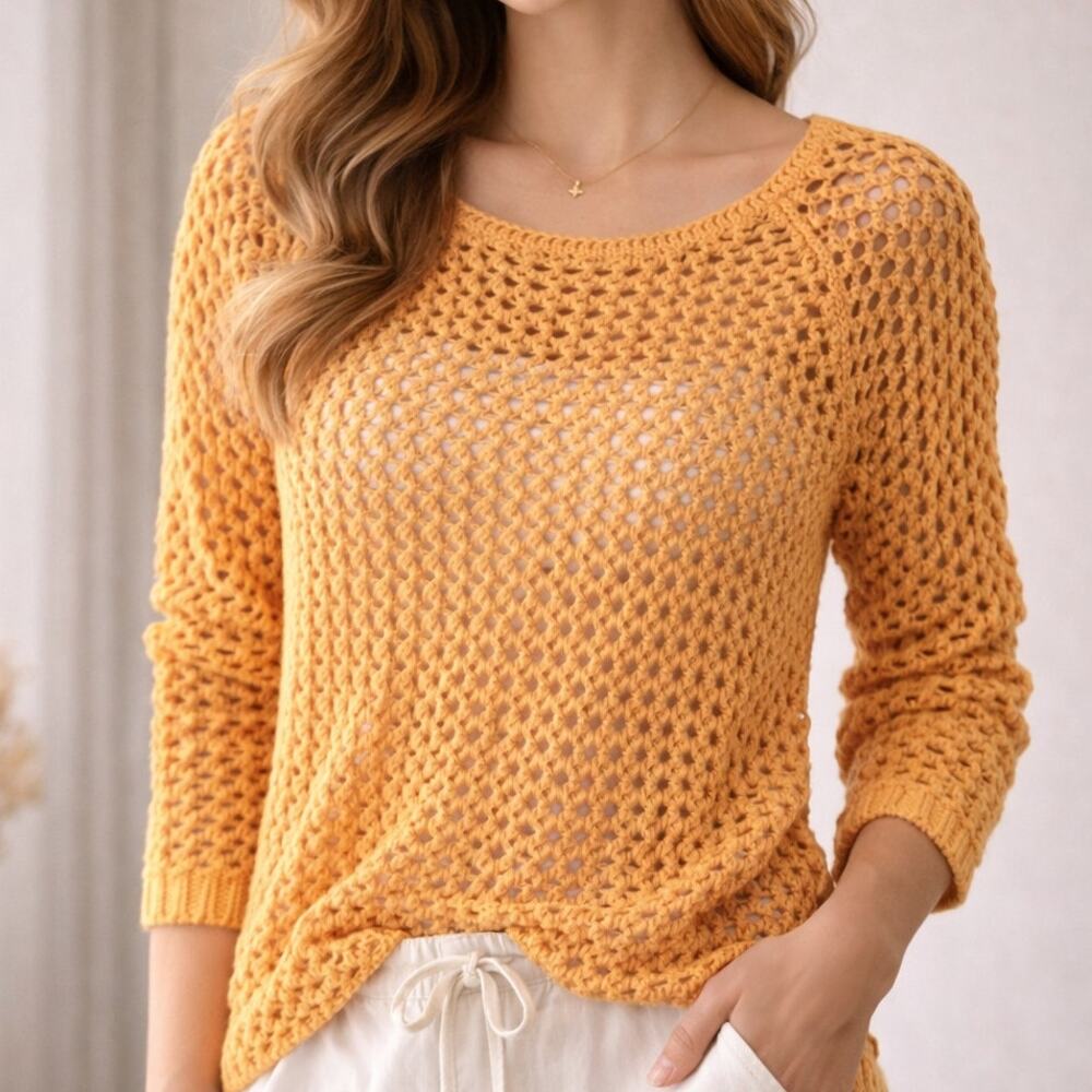 Chico’s Honey Gold Open Weave Cotton Top Resort Boho Lagenlook Layering Small
